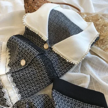Novi Jesensko-zimskom Francuski Starinski pletene set od dva komada Za žene Džemper s perlicama, kardigan, kaput + suknje, Svakodnevne nošnje iz 2 predmeta
