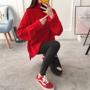 Visoka Kvaliteta Soft Fat Topla crvena pletene pulover s visokim ovratnikom Džemper Za žene Jesen zima Slobodna Svakodnevni водолазка pletene kardigan