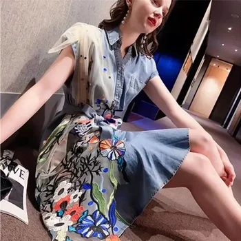 Deniver haljina ljeta, donje francuska klasicni struk tanak temperament božica navijač mreže linija traper haljine ženske plave 143