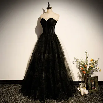 Crno jednostavan večernja Elegantna haljina bez naramenica na munje straga Dužine do poda Трапециевидное haljina u stilu empire bez rukava Večernje haljine za zabave Žena B1338