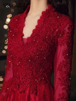 Luksuzni aplicirano ručni rad Bordo-crvene večernje haljine Duge 2020 Elegantne večernje haljine sa V-neck-A-силуэта do poda, čipke, s dugim rukavima