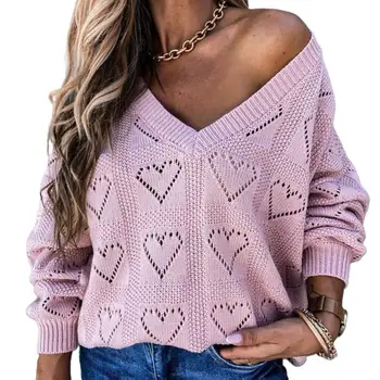 Pulover s V-izrez Džemper Ženski Jesen zima Srce ljubavi Šuplje pletene džemper sa po cijeloj površini Slobodan dres Kardigan Ženska odjeća