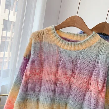 2021 Novi jesenski duge pletene džemper Ženski korejski Okrugli izrez u traku Slobodan pulover Veste Ženska odjeća veličine Vrhovima