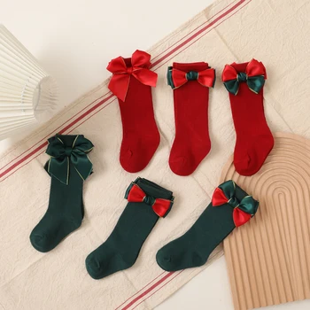 2 Para Dječjih Božićnih Čarapa Dužine do sredine kavijara Čarape sa dekoracijom lukom Za Djecu Djevojčice Dječaci 0-4 Godina