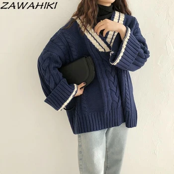 Завахики Twist kukičane majice Za žene Jesen zima Korejski uredan Plus Size Kontrastnoj Boji u ton Debeli džemper sa V-izrez i dugim rukavima