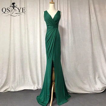 Rastezanje-zelena haljina za prom iz spandex, večernja haljina Sirena, Dugački prednji seksi večernje haljine s prorezom, Smaragd haljina djeverušama s рюшами