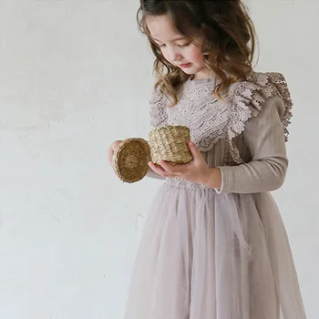 Proljeće-jesen moda Lažni od dva dijela Čipkan сетчатое jednobojnu haljinu s okruglog izreza i dugi rukav Dječje odijevanje Haljina princeze za djevojčice