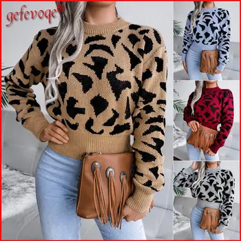 Ženski леопардовый casual pulover dugih rukava, skraćeno top, funky vanjska odjeća, pletene džemper, jesen-zima, ženska odjeća 2022