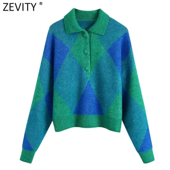 Zevity Ženska moda Boja u tonu Geometrijski print Pletene džemper Ženski šik pulover na zakopčane Žene svakodnevne vrhovima SW1086