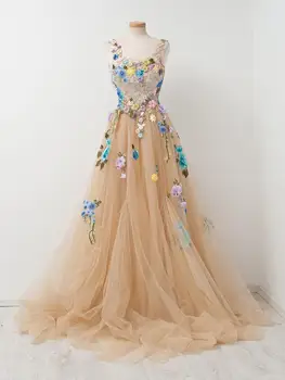 Prekrasna haljina s cvjetnim ispis, Цветастое haljina za maturalne, haljine princeza, haljina na pod, haljina s vlakom, Plavo i šampanjac, тюлевое haljina