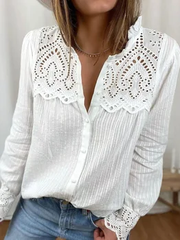Bijela šuplje čipke patchwork s geometrijskim uzorkom gumb ispis na traku do 2021 košulja ženska dugi rukav štand ovratnik bluze jesen