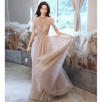 Ljepota-Emily 2021 Večernja haljina boje šampanjca Elegantan шифоновое večernja haljina bez rukava s okruglog izreza Večernja haljina za zabave Robe De Soiree