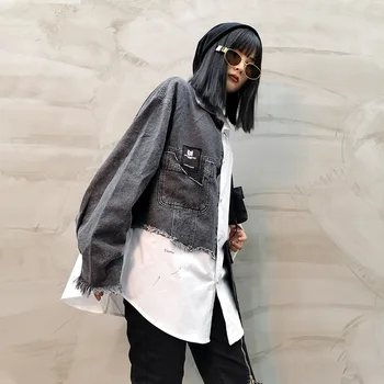 2088 Kvalitetni traper košulja Ženska ulične mode u Patchwork stilu s velikim džepovima i gumbe Slobodna korejski Svakodnevni Bijela bluza Jesen Nova