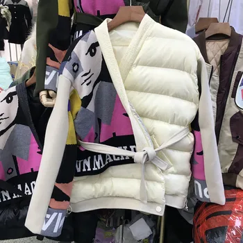 Zimski kaput 2021 novi kontrastnoj boji linije pleteni slova sažetak uzorak cvjetne čipke jakna s V-neck za žene