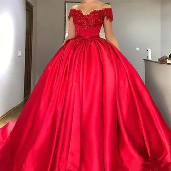 Skromne Crvene haljine za maturalne s otvorenim ramenima Bujne haljine Aplikacije su Aplikacije Satiny Korzet Perle na čipka-up Haljina za prom Slatki Siksto