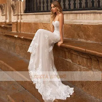 Elegantne vjenčanice 2021 Slatka Vrat Bez Rukava Čipka Aplicirano Kraljevski Petlja Vjenčanica Vestido De Novia Na Red