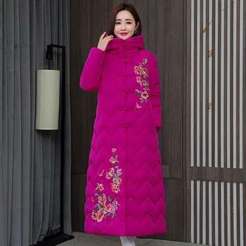 Zimski kaput u kineskom stilu, ženska jakna sa kapuljačom X-long s vezom, ženske parkovi, Однобортная ženska odjeća velike veličine, Nova