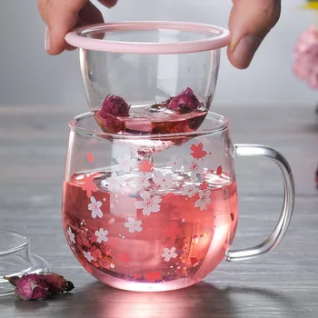 300 ml Sakura Bubalo Staklena krigla s filtrom za varenje čaj i poklopcem Skup trešnje šalica Cvjeta Cvijet Šalica Prozirna Stakla otporna na toplinu