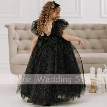 Black Tulle Flower Girl Dresses 2022 New Baby Christmas Party Prom Gowns Kids Short Sleeves 10 Birthday Dress haljina za djevojčice