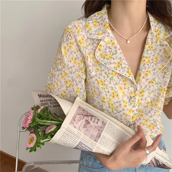 Stranac Mače Slatki Klasicni Tanak Print Svakodnevne Cvijeće Ljetna Vanjska odjeća 2021 Šik bluze Femme Ured lady Gradacija Majice Košulje