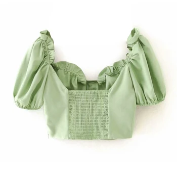 Blusas, pamuk, platno skraćeni bluze Za žene DE Chic s ukrašen kratkih rukava Seksi vrhovima Sweet V-izrez u obliku Monotono Svakodnevni bluza Zelena košulja