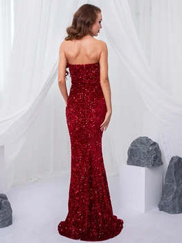 2022 Elegantan Haljinu Tamnocrvena Baršunasti sa šljokicama bez naramenica Večernja haljina Maxi Seksi haljina s V-izrez Vestidos De Fiesta