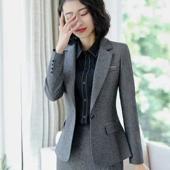 IZICFLY Proljeće i Jesen Crni Blazer Kit s suknju Uredska odijela za žene Uniforma Ženska Radna odjeća Elegantno Odijelo 2 kom. Veliki veličina