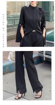 Nova jesen Za žene Crni Komplet od 2 predmeta Seksi bluza + Visoke, Široke Hlače i Odijelo u korejskom stilu Tanak temperament Uredski ženski kostim