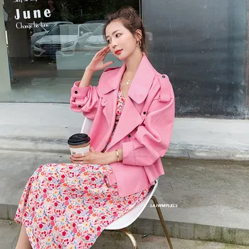 2021 Pink Novi Stil Jesen Proljeće Lokomotiva Kožna ženska kratka, elegantna jakna Slobodna Korejski Svakodnevni kožna jakna donje kaput