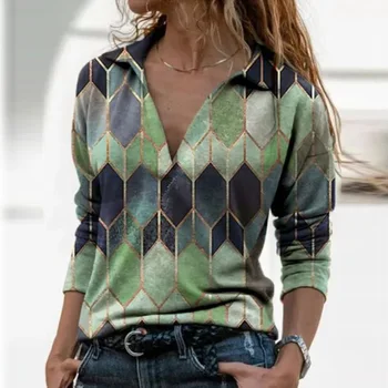 Ženska bluza dugih rukava i V-izrez s geometrijskim po cijeloj površini Vintage slobodna polo majica Y2K Harajuku Prevelike Majice Elegantna majica na munje Tunika