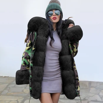 Toplo kamuflaža od umjetnog krzna Moderno toplo luksuzna ženska dugu zimsku jaknu s kapuljačom Kaput Kaput Top plus veličina XXXL