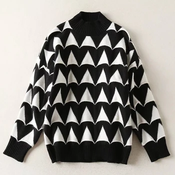 Modna Pista do 2022 Proljetni set Za žene Novi dizajn Geometrijski džemper s po cijeloj površini+Crna suknja s visokim strukom Ured lady Komplet od 2 predmeta