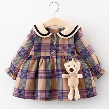 Odjeća za djevojčice 1-4 godina Jesensko-zimsko checkered haljina princeze u kavez s dugim rukavima Han Edition Modni slatka kućica za ovratnik Besplatna igračka s medvjedom