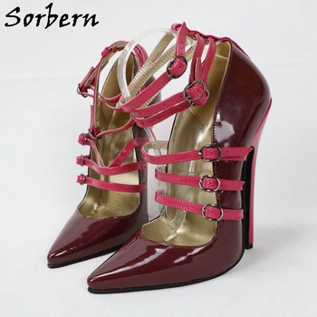 Sorbern Bordo-crvena obuća za tenis-brod potpetica 16 cm Na visoku petu s oštrim vrhom na red 16 cm 14 cm, s nekoliko tankim remenčićima za presvlačenje na petama