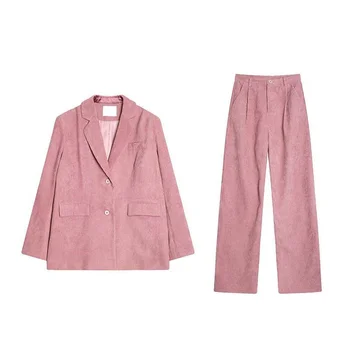 Samt ženske nošnje Pink Blazer S hlačama Ljubičasto Setove iz 2 predmeta Jesenske odjeće 2021 Odijelo Top I Hlače Korejski moda