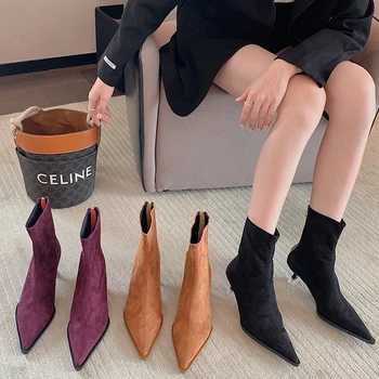 Ženska modna obuća s oštrim vrhom na niske potpetice, čizme na visoku petu cipele, ženske jesenje nove kratke čizme Chelsea, ženske cipele na munje