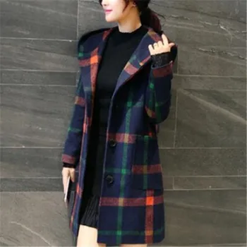 Vune kaput Za Plus size žene s kapuljačom u kavez Elegantno tanke vunene smjese 4xl Ženska korejski modna odjeća однобортный toplo