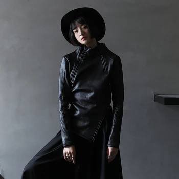 УМИ MAO Dark Stil Yamamoto Nepravilan ovratnik-satna Dijagonalni munja Majica od umjetne kože Ženska Cool Crna gotička jakna Y2K