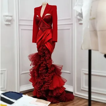 Vintage moda Crvena haljina za prom criss-Cross Čipke Trake za Ravne Suknje Višeslojne Bujne čipke i večernje haljine Sirena Prilagoditi