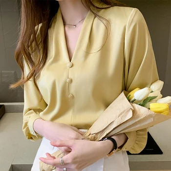 Ljetni korejski svilene, ženske bluze Ženske satin majice s V-izrez Ženska košulja dugih rukava Ženske svilene bluze Vrhovima Žute majice XXL