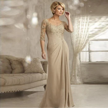 2020 Nove elegantne haljine šifona boje šampanjca s V-neck za majku mladenke s rukavima tri četvrtine vjenčanica sa čipkom