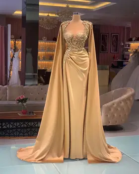 2021 zlatne večernje haljine s накидкой od prozirnog Jewel vrat je dugi rukav satin Prom haljina s beaded naručiti večernje haljine Vestidos de Fiesta