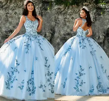 2021 Nebo-Plave Jeftini Bujne vjenčanica Loptu haljina s okruglog izreza Aplicirano Perle Sweet 16 Tila Večernje haljine Princeze