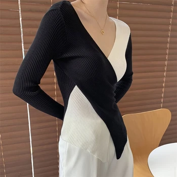 CHEERART Crno - bijeli лоскутный pletene top Korejski moda s V-izrez u ožiljak Вязаная bluza Ženske majice Proljeće 2021