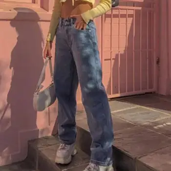 Ženske traperice s visokim strukom u stilu hip-hop Lijepe čvrste ženske slobodne jeans Plave duge hlače Svakodnevne stilski ulične hlače