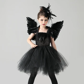 Girly Crni Labud Cosplay Odijela Djeca Mali Zli Oblače Haljine za djecu Pero Igrati Ptica Odjeća Za djevojčice Večernje Haljine