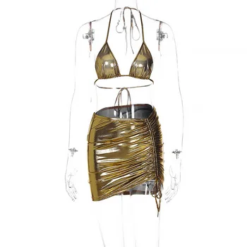 Godišnji Svila leda Vintage Gold Seksi skraćene top Grudnjak Suknja Komplet od 2 predmeta Ljetni ženske svečane svijetle svakodnevne setove