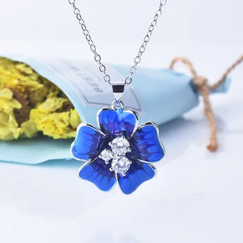 Novi Latica cvijeta Plave Emajl Srebrna ogrlica s ovjesom za žene Vintage Moda Bijeli Cirkon Lanac za ключиц Fascinantno ogrlica
