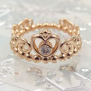 Originalna Tijara Princeza Od Ružičastog Zlata Royal Crown sa Kristalne Prstenom Za žene Prsten Od 925 Sterling Srebra Vjenčani Dar Fin Nakit Diy
