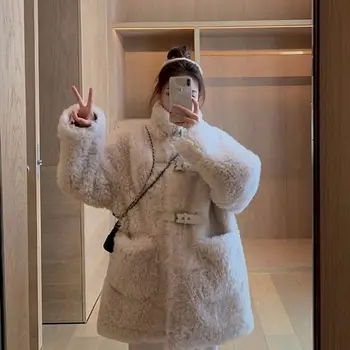Kuglica Janje Pliš Jakne srednje dužine Ženske Plimni zimske Korejski debele pamučne odjeće Velike veličine Moderan svakodnevni Topli kaput